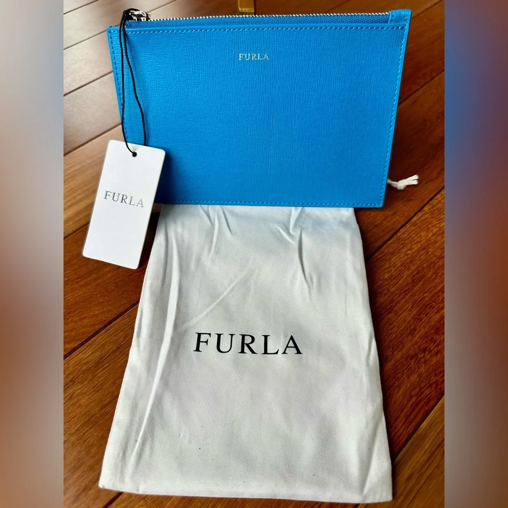 Furla Babylon Ceruleo Blue Saffiano Leather Envelope Pouch and Dust Bag - Picture 2 of 6